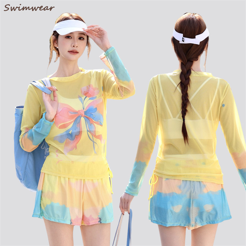 微胖女孩长袖分体保守泳衣三件套罩衫遮肉显瘦大码泡温泉运动新款