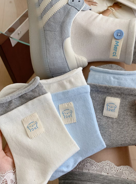 夏季薄拼色假两件韩系可爱卡通不对称玩偶baby蓝马卡龙拼色中筒袜