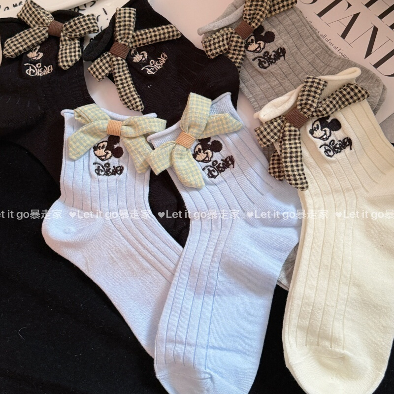 春夏薄款韩系ins风可爱卡通立体玩偶蝴蝶结格子芭蕾舞风中筒袜女