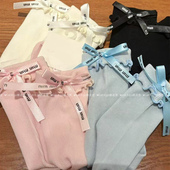 春秋薄款 韩系蝴蝶结马卡龙色芭蕾舞风ins风字母miu系翻边中筒袜女