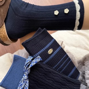 秋冬蓝色格纹蝴蝶结条纹花边花朵外穿ins风搭配百搭堆堆袜中筒袜