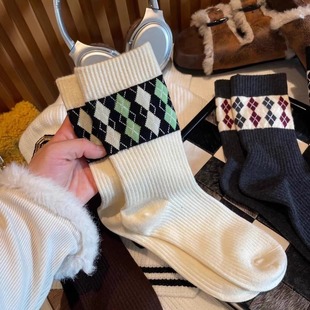秋冬加厚羊毛格纹外穿ins风拼色咖色灰色女袜学院风堆堆袜中筒袜