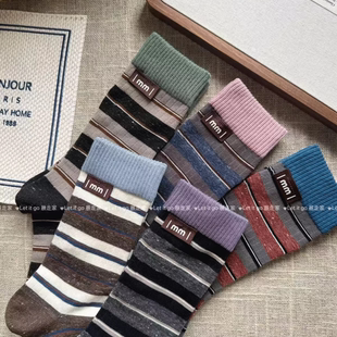 秋冬欧货设计感条纹美拉德色系撞色字母ins风外穿洋气百搭中筒袜