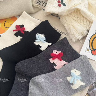 秋冬羊毛无骨保暖蝴蝶结可爱小狗韩系网红ins风加厚潮袜中筒袜女