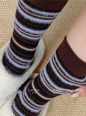 秋冬复古毛毛拼接条纹仿水貂绒欧货原创网红ins潮袜中筒袜外穿女