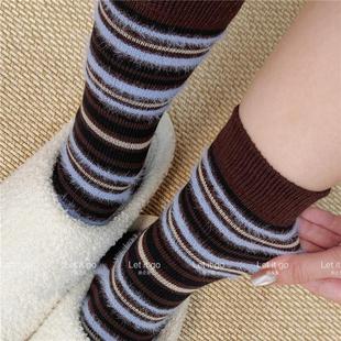 秋冬复古毛毛拼接条纹仿水貂绒欧货原创网红ins潮袜中筒袜外穿女