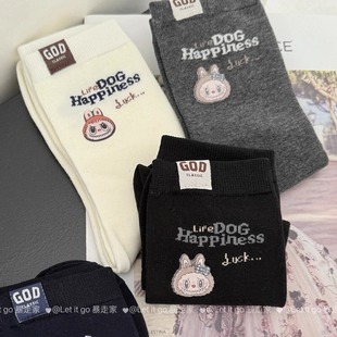 秋欧货设计卡通字母ins风潮袜外穿百搭贴布可爱日系玩偶中筒袜女