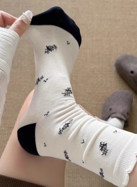 秋欧货设计碎花拼色简约花边ins风无骨花朵纯棉百搭复古中筒袜女