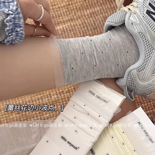 春夏波点蕾丝拼接直板纯棉中筒袜