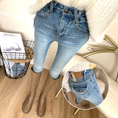 女口袋翻盖弹力提臀小脚铅笔裤 洋气特显瘦 浅蓝色加厚薄绒牛仔裤