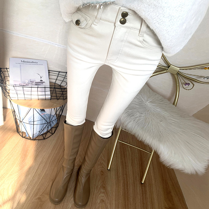 质感米白色高腰双排扣百搭牛仔裤女长裤加绒加厚修身小脚裤潮冬季,女装/女士精品,牛仔裤,淘宝优惠券,粉丝福利购,淘宝优惠卷