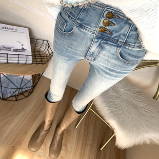 女加厚薄绒小个子紧身小脚靴裤 特显瘦 洋气浅蓝色高腰收腹牛仔裤