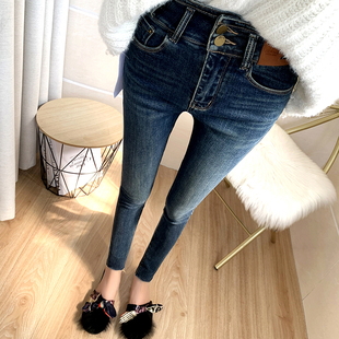 秋冬 女弹力紧身提臀小脚裤 显瘦神裤 深蓝色高腰双排扣收腹牛仔裤