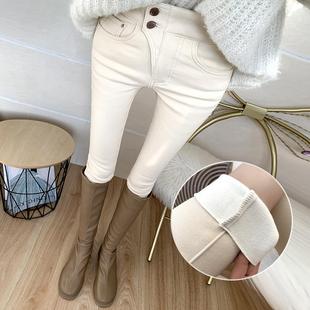 小脚铅笔裤 推荐 女加绒加厚修身 洋气米白色高腰收腹牛仔裤 特显瘦