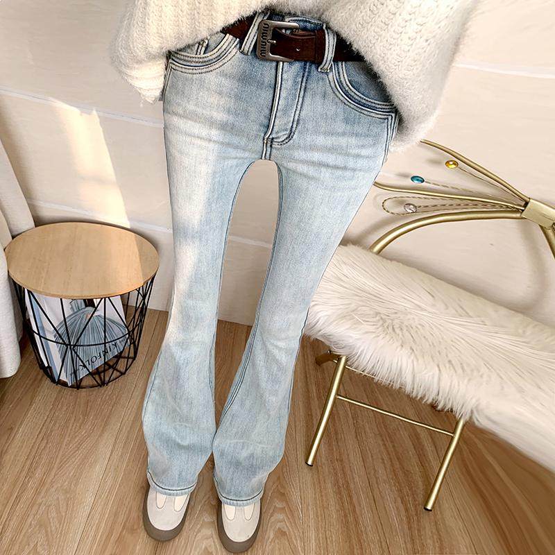 浅蓝色高腰加绒加厚喇叭裤长裤冬