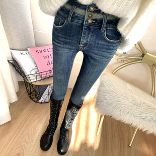 女九分加厚薄绒弹力小脚靴裤 显瘦推荐 深蓝色高腰收腹提臀牛仔裤