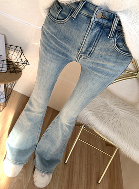 王炸裤型！浅蓝色高腰喇叭牛仔裤女长裤加绒加厚弹力显瘦喇叭裤冬