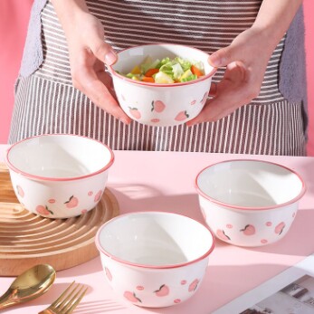 水蜜桃草莓陶瓷米饭碗家用可爱Ins风餐具情侣儿童碗勺套装盛粥碗