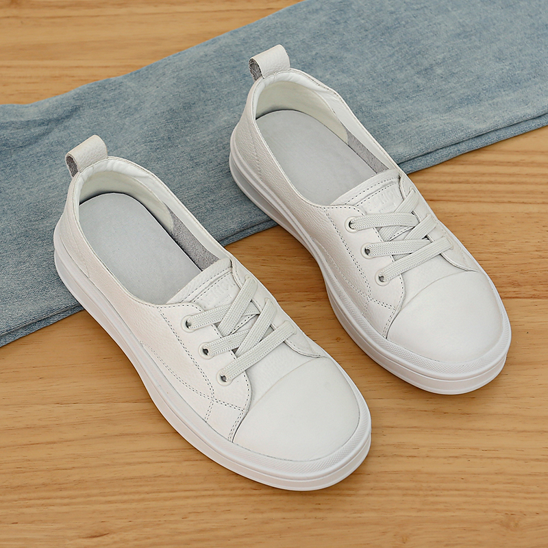 头层牛皮厚底小白鞋女夏季浅口薄款透气运动休闲鞋一脚蹬平底板鞋