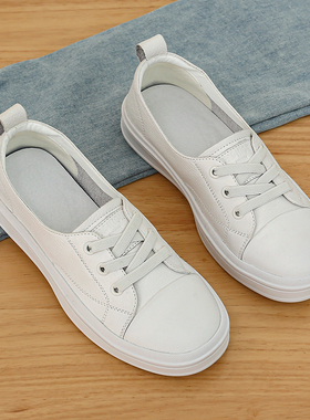 头层牛皮厚底小白鞋女夏季浅口薄款透气运动休闲鞋一脚蹬平底板鞋