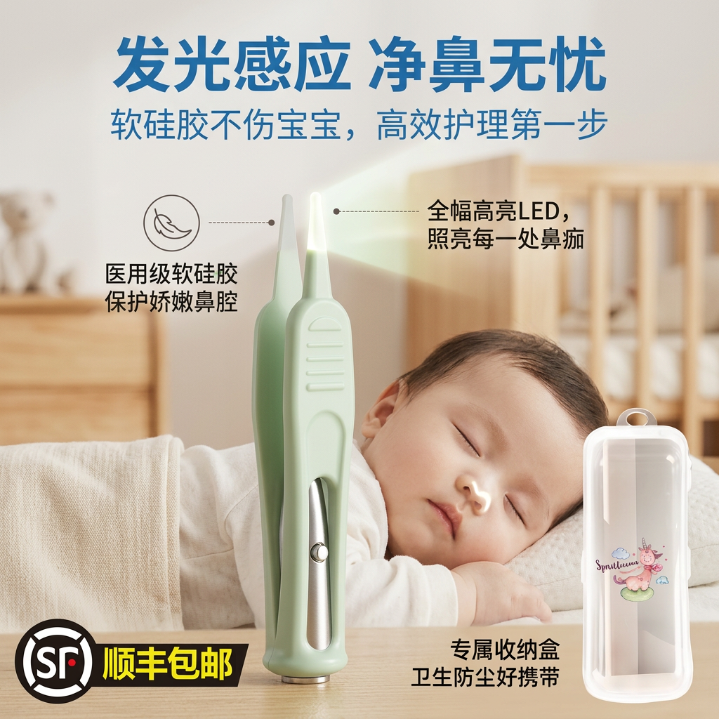 鼻屎夹婴儿儿童新生儿宝宝鼻屎清理神器带灯发光鼻夹清洁镊子硅胶