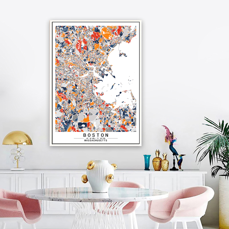 波士顿麻萨诸塞州美国艺术抽象城市彩色色块地图装饰画客厅墙壁画