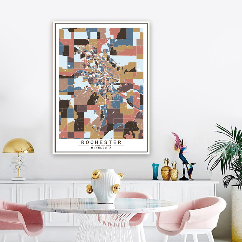 罗切斯特明尼苏达州美国艺术抽象城市彩色色块地图装饰画客厅挂画