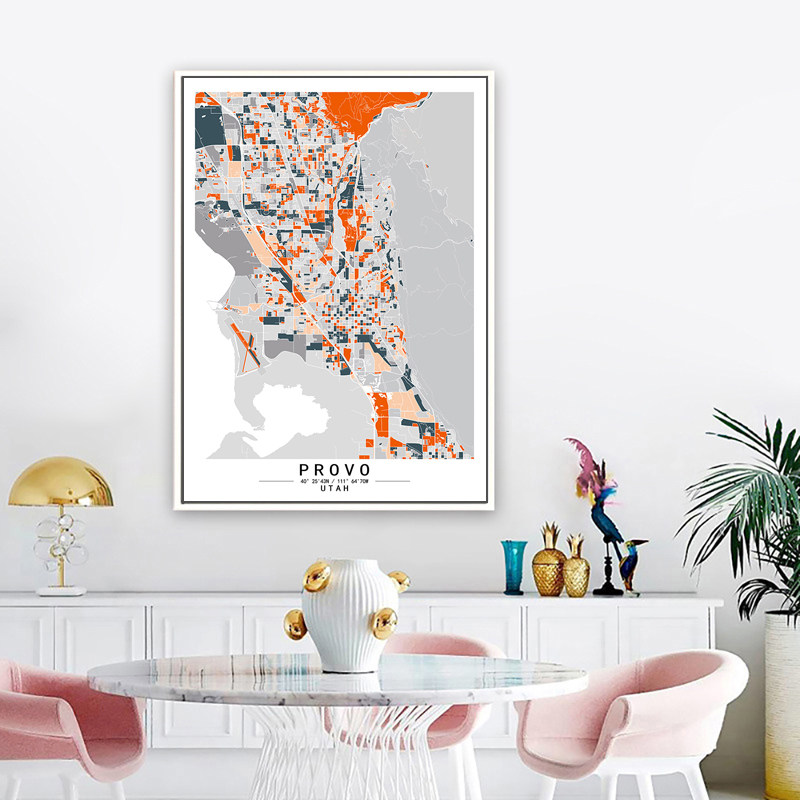 普若佛 provo犹他州美国艺术抽象城市彩色色块地图客厅装饰画挂画