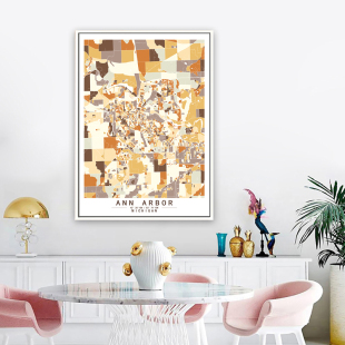 安娜堡密歇根州美国艺术抽象城市彩色色块地图装饰画客厅挂画