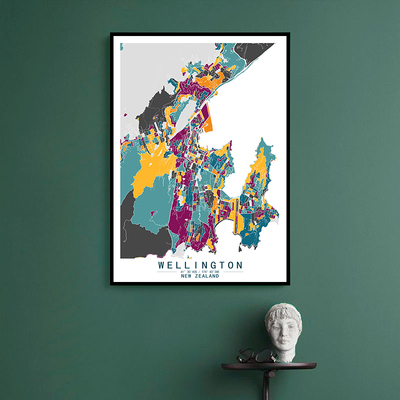 新西兰惠灵顿城市抽象落地画餐厅装饰画客厅墙饰彩色艺术地图挂画