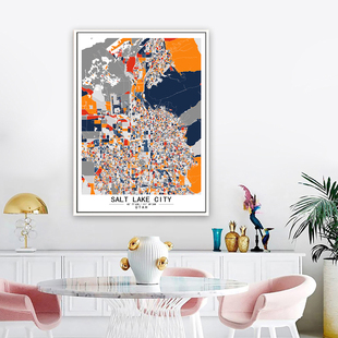 盐湖城 犹他州 美国艺术抽象城市彩色色块地图客厅玄关装饰画挂画