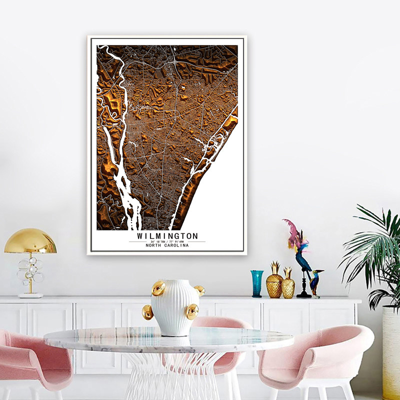 威尔明顿北卡罗来纳州美国艺术抽象城市彩色色块地图装饰画现代画