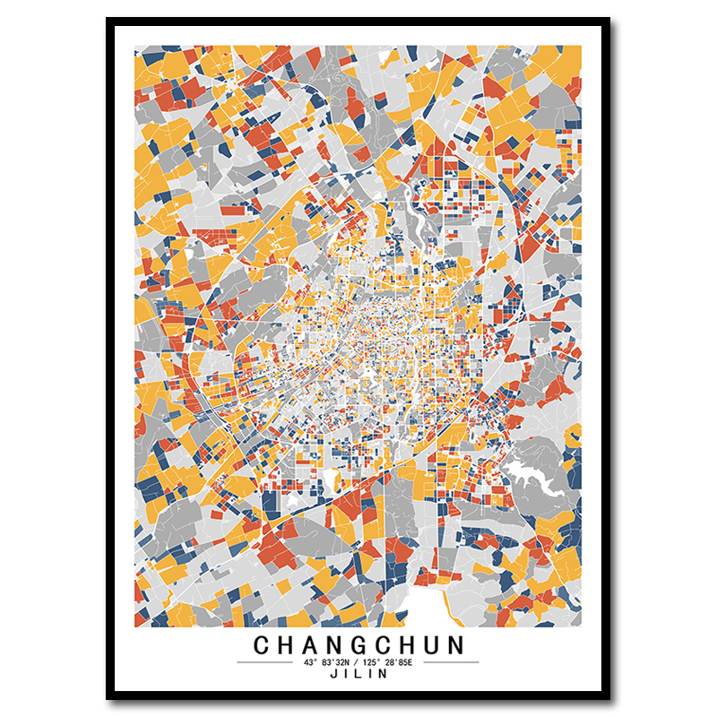 吉林长春原创个性艺术城市地图画定制客厅装饰画餐厅抽象色块挂画图片