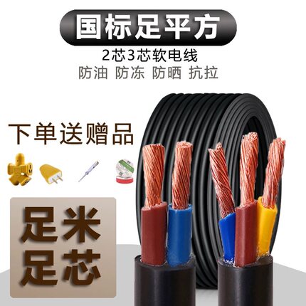 工程RVV电源线国标2芯3芯1.5 2.5 4 6平方三相电缆监控护套线家用