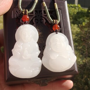 天然白玉石观音佛公吊坠男女款雕刻工艺弥勒笑佛玉佩项坠平安挂件