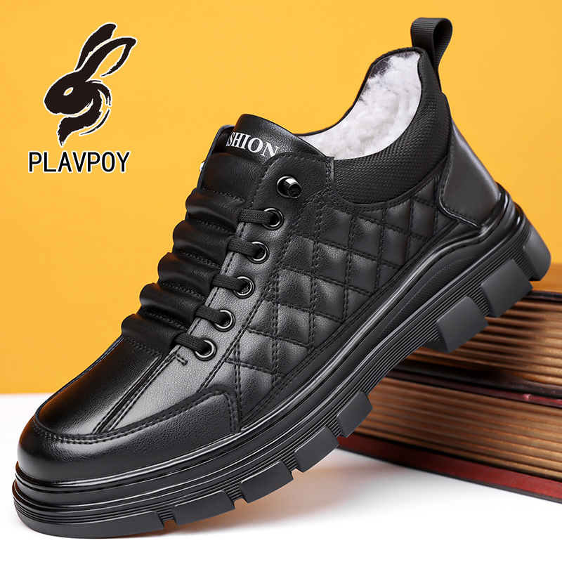 花花公子休闲皮鞋男真皮保暖棉鞋