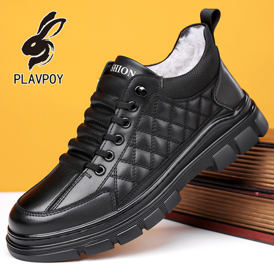 花花公子休闲皮鞋男真皮保暖棉鞋