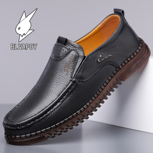 花花公子休闲皮鞋男春季2026新款男士真皮牛筋底软皮软底豆豆鞋子