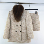 欧货羽绒小香风套装 女高级感狐狸毛围脖毛呢外套半身裙显瘦两件套