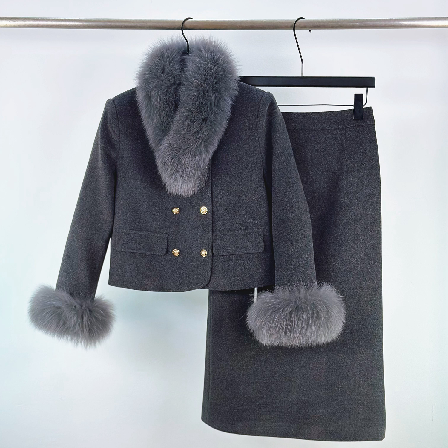 狐狸毛领小香风毛呢西装外套半身长裙套装女冬气质名媛轻奢两件套