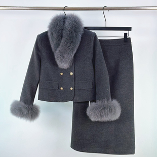 狐狸毛领小香风毛呢西装 女冬气质名媛轻奢两件套 外套半身长裙套装
