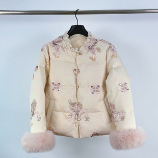 新中式国风珍珠扣狐狸毛袖羽绒服女冬高级感气质重工刺绣上衣外套