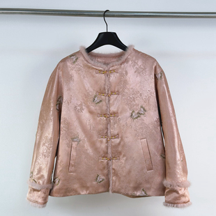 粉色新中式国风羽绒服女冬重工刺绣狐狸毛皮拼接90白鸭绒保暖外套