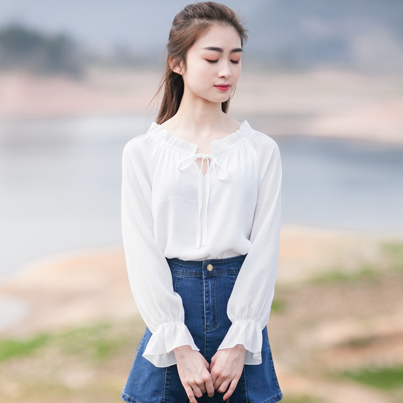颜而自制2018秋季新款清新长袖雪纺衫上衣女
