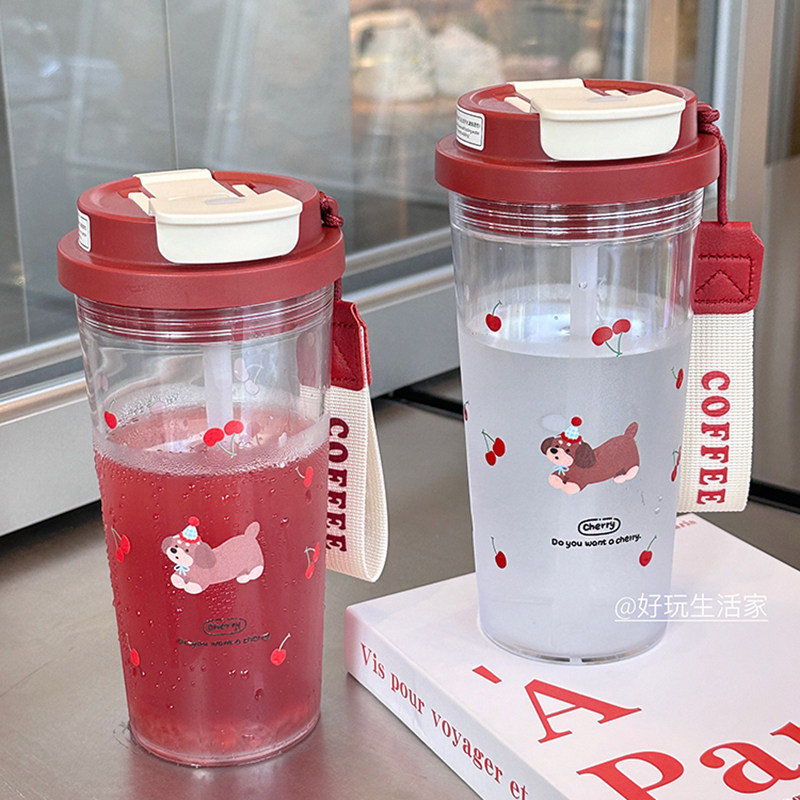 塑料水杯580ml杯子双口tritan防漏随行夏日樱桃双饮吸管杯腊肠狗