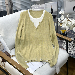 韩系简约转身假两件针织衫 秋冬新款 女胖mm打底上衣 女装 胡子叔大码