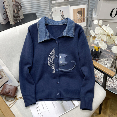 大码女装牛仔拼接翻领针织开衫