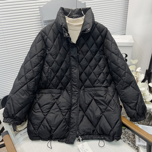 胡子叔大码女装加厚保暖棉服韩版时尚菱格抽绳立领中长款棉衣外套