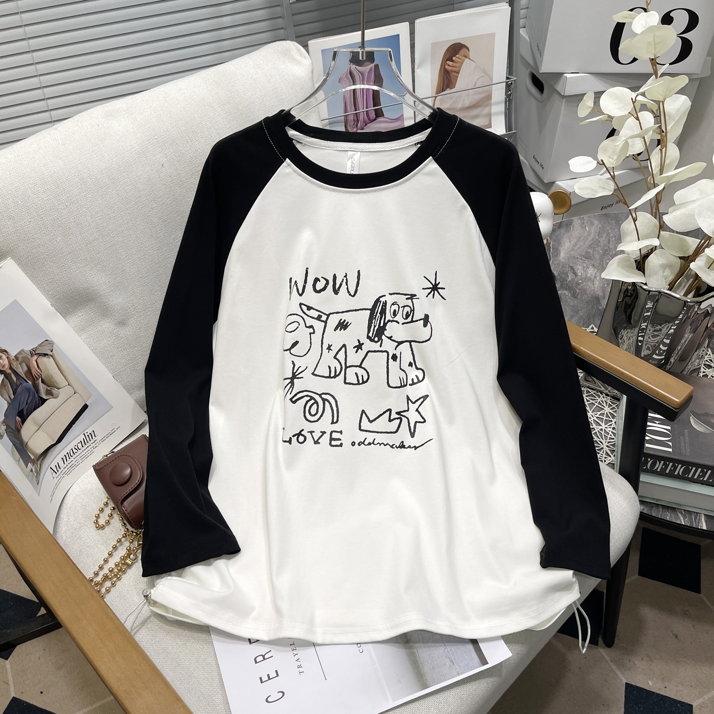 大码女装秋撞色插肩印花长袖T恤