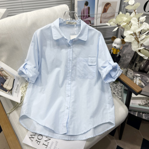 大码女装夏季新款浅蓝色短袖衬衫